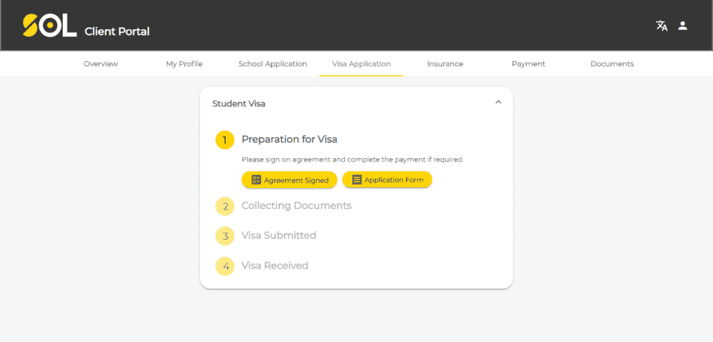 SOL Edu & Migration; client portal; online application form; visa application form