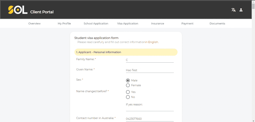 SOL Edu & Migration; client portal; online application form; visa application