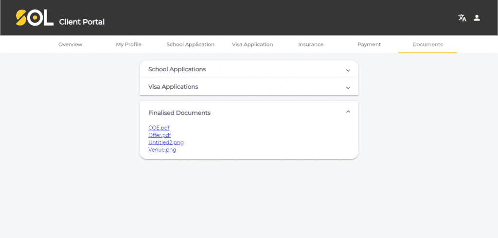 SOL Edu & Migration; client portal; important documents; offer letter; CoE; visa granted letter