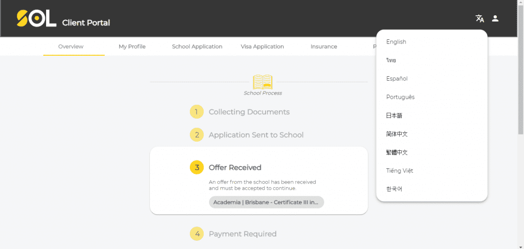 SOL Edu & Migration; client portal; multiple languages; english; japanese; korean; spanish; portuguese; thai; vietnamese; traditional chinese; simplified chinese