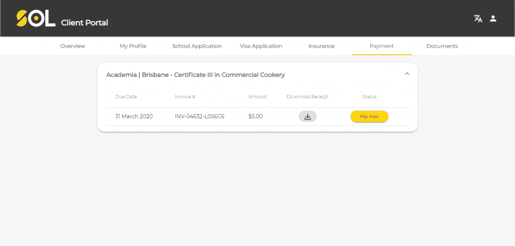 SOL Edu & Migration; client portal; payment