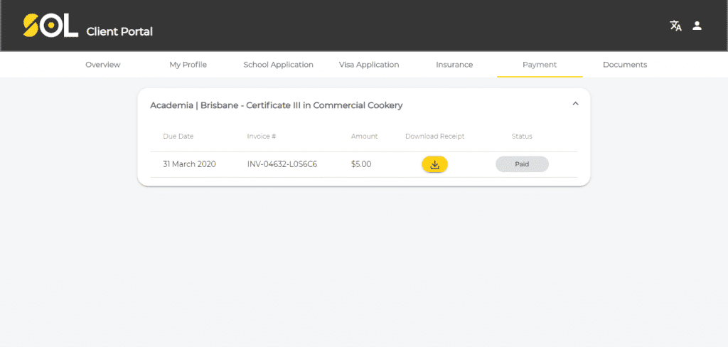 SOL Edu & Migration; client portal; payment; receipt