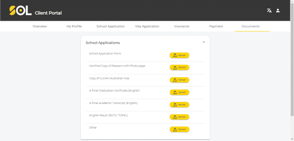 SOL Edu & Migration; client portal; document upload
