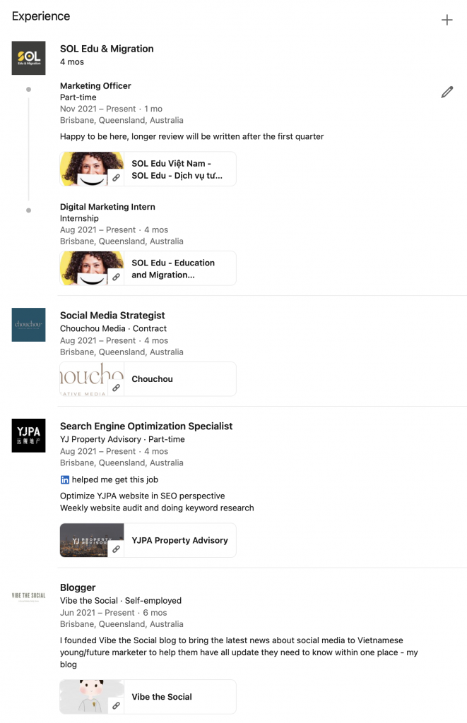 Experience section in profile LinkedIn