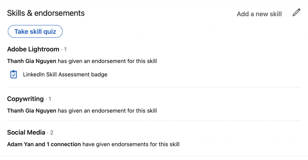 Skill & endorsement on profile LinkedIn
