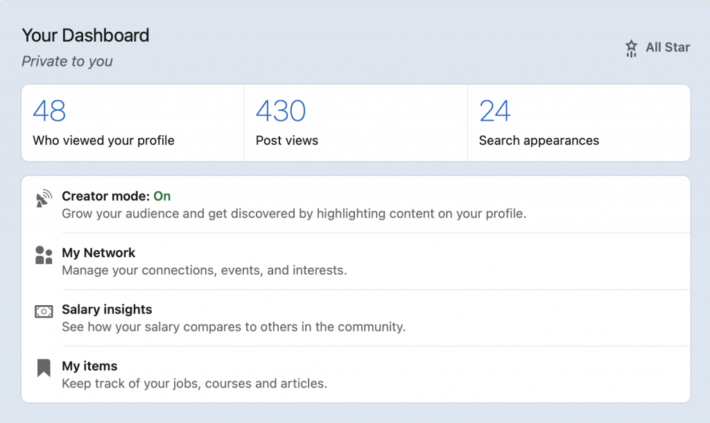 Dashboard on profile LinkedIn