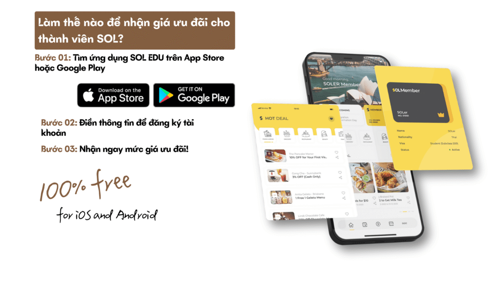 Giao diện ứng dụng SOL Edu trên iOS và Android giúp sinh viên đăng ký nhận giá ưu đãi 59 AUD.